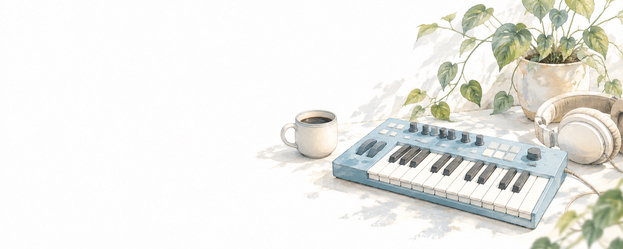 青い鍵盤とヘッドホン、左横のコーヒーマグ、緑の植物を描いた音楽制作のイラスト
